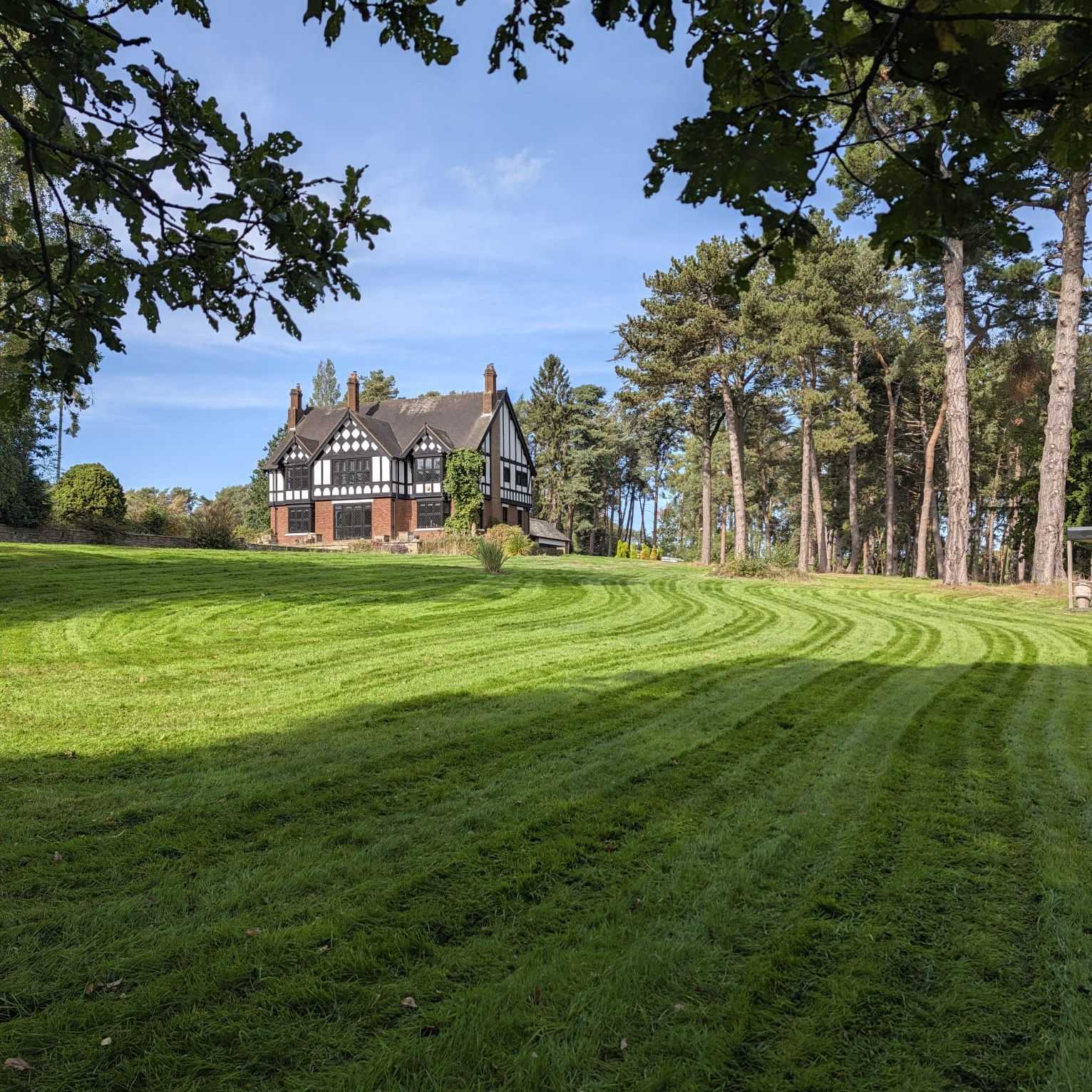 A very large striped lawn framed by trees, with a house in the distance.